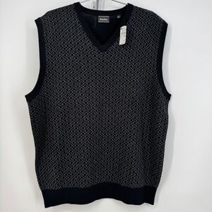 Neiman Marcus XXL Mens Sweater Vest Wool Blend Geometric Black Gray Knit‎